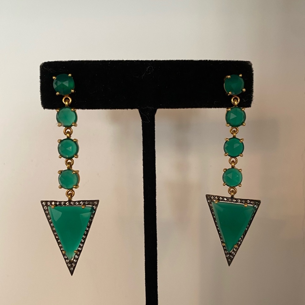 Green stone and gold plated dangling earrings